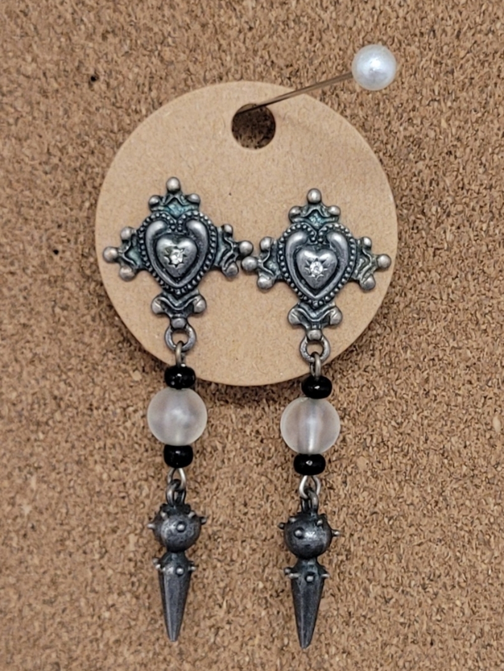 Silver-Tone Heart Drop Earrings with Frosted Beads, Vintage Chic!